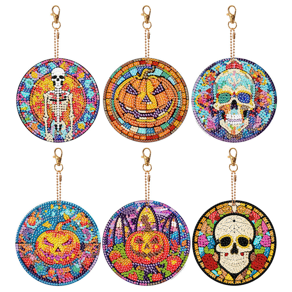 6PCS Diamond Painting Keychains Glass Skull Double Sided Glass Pumpkin Halloween