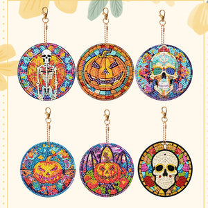 6PCS Diamond Painting Keychains Glass Skull Double Sided Glass Pumpkin Halloween