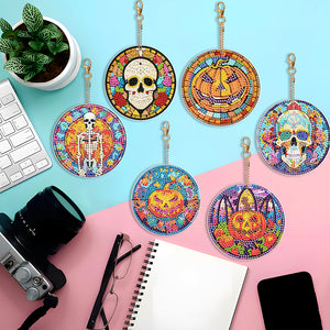 6PCS Diamond Painting Keychains Glass Skull Double Sided Glass Pumpkin Halloween