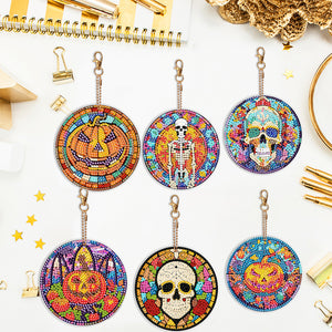 6PCS Diamond Painting Keychains Glass Skull Double Sided Glass Pumpkin Halloween