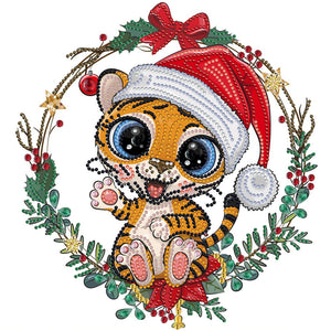 Tiger Cub Wearing Christmas Hat 30*30CM(Canvas) Partial Special Shaped Drill Diamond Painting