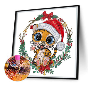 Tiger Cub Wearing Christmas Hat 30*30CM(Canvas) Partial Special Shaped Drill Diamond Painting