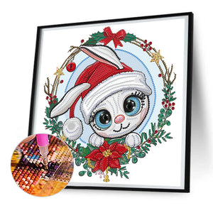 Bunny Wearing A Christmas Hat 30*30CM(Canvas) Partial Special Shaped Drill Diamond Painting