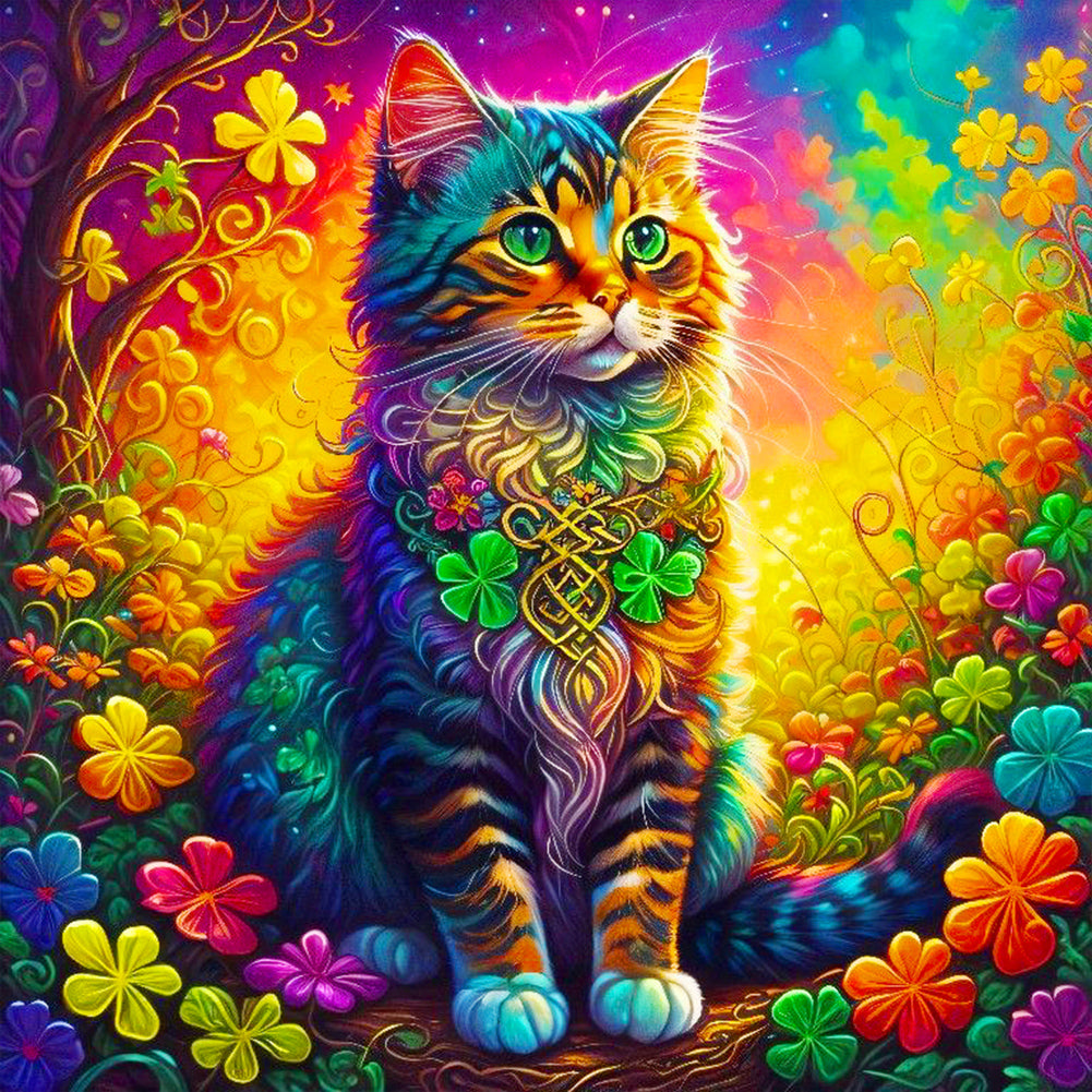 Colorful Four Leaf Clover Cat 40*40CM(Canvas) Full Round Drill Diamond Painting