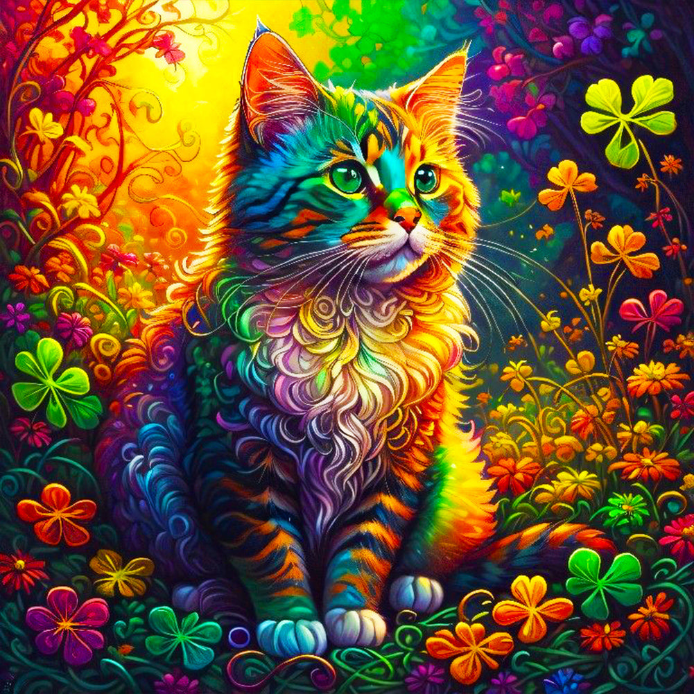 Colorful Cat Sitting Among Four-Leaf Clovers 40*40CM(Canvas) Full Round Drill Diamond Painting