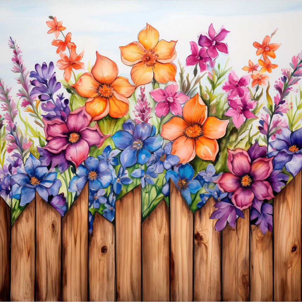 Flowers In Wooden Fence 40*40CM(Canvas) Full Round Drill Diamond Painting