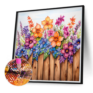 Flowers In Wooden Fence 40*40CM(Canvas) Full Round Drill Diamond Painting