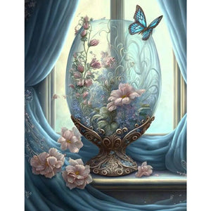 Butterfly Flowers By The Window 30*40CM(Canvas) Full Square Drill Diamond Painting