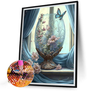 Butterfly Flowers By The Window 30*40CM(Canvas) Full Square Drill Diamond Painting