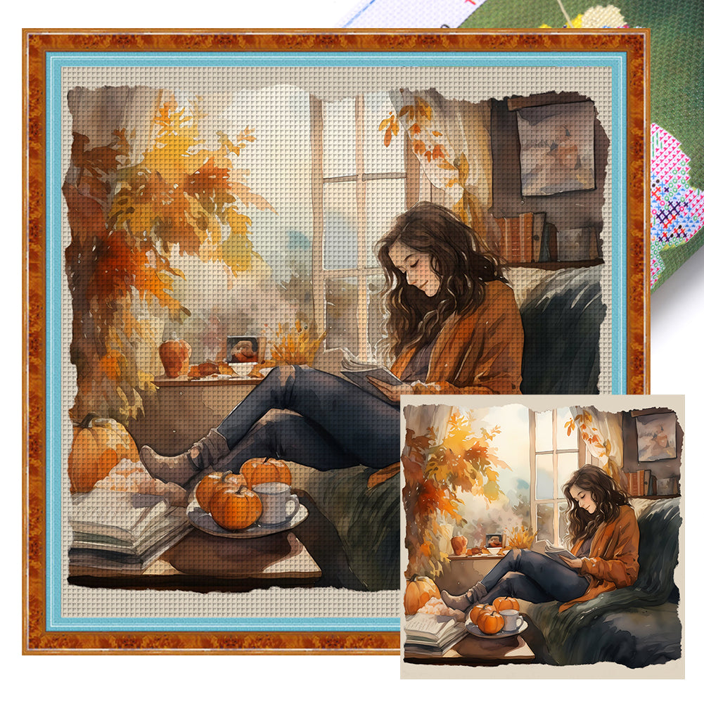 Girl Who Reads (50*50CM) 11CT 3 Stamped Cross Stitch