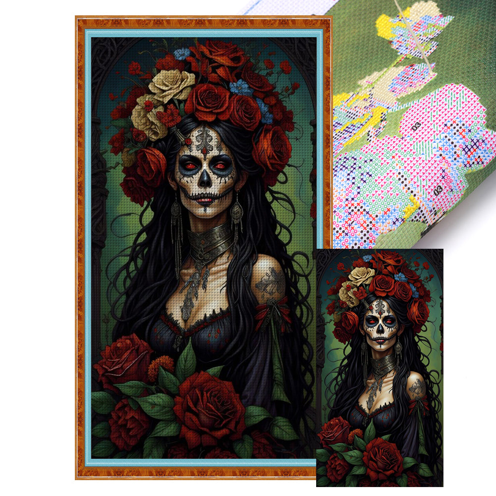 Flower Skull Woman (40*70CM) 11CT 3 Stamped Cross Stitch