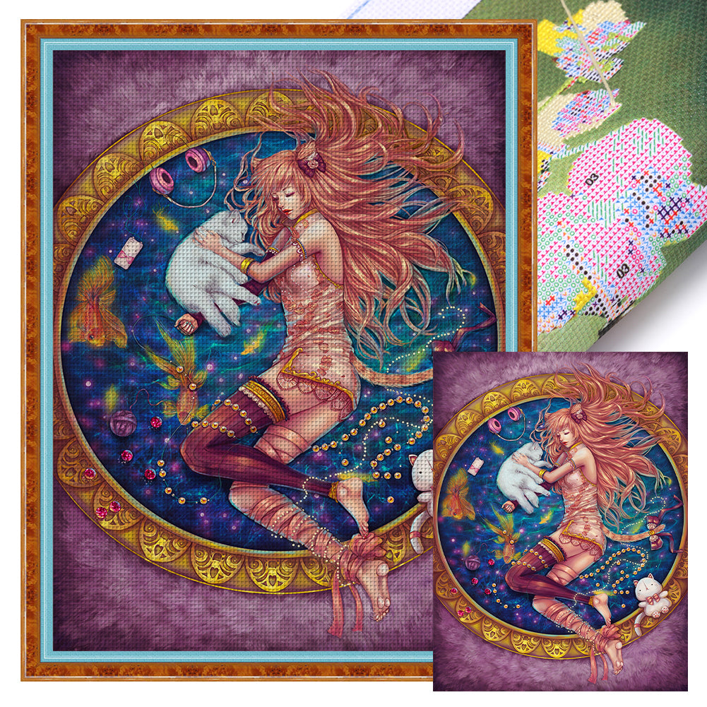 Girl And Cat (40*55CM) 11CT 3 Stamped Cross Stitch