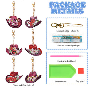 6PCS Double Sided Special Shape Diamond Painting Keychain (Vintage Cowboy Hat)