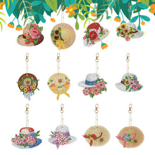 Load image into Gallery viewer, 12PCS Diamond Art Keyring Hats Double Sided Rhinestone Painting Keychain Pendant

