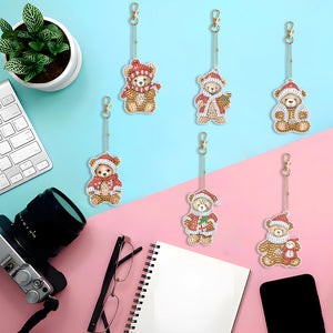 6PCS Double Sided Special Shape Diamond Painting Keychain (Christmas Bear)