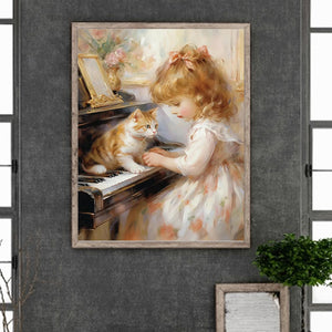 Piano Cat Girl 40*50CM Full Round Drill Diamond Painting