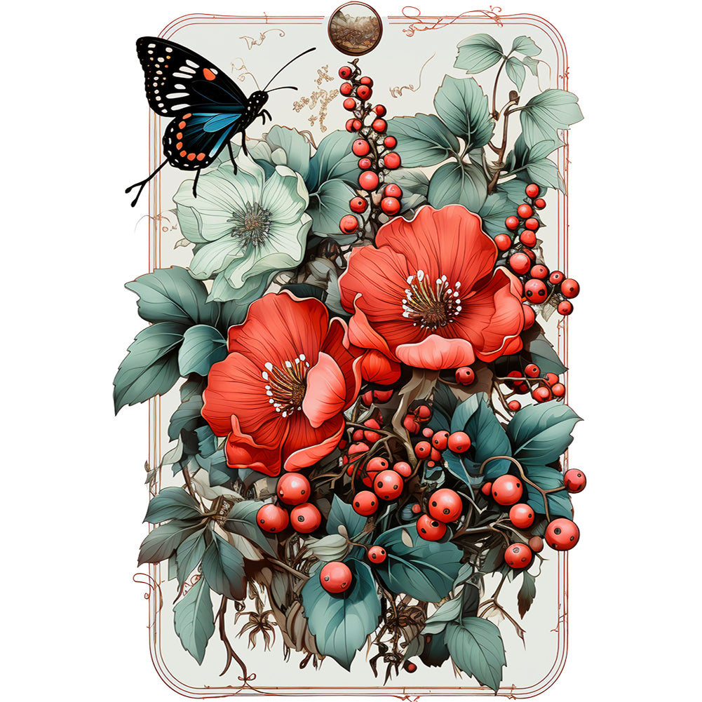 Retro Red Flower Butterfly 30*40CM Full Round Drill Diamond Painting