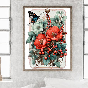 Retro Red Flower Butterfly 30*40CM Full Round Drill Diamond Painting