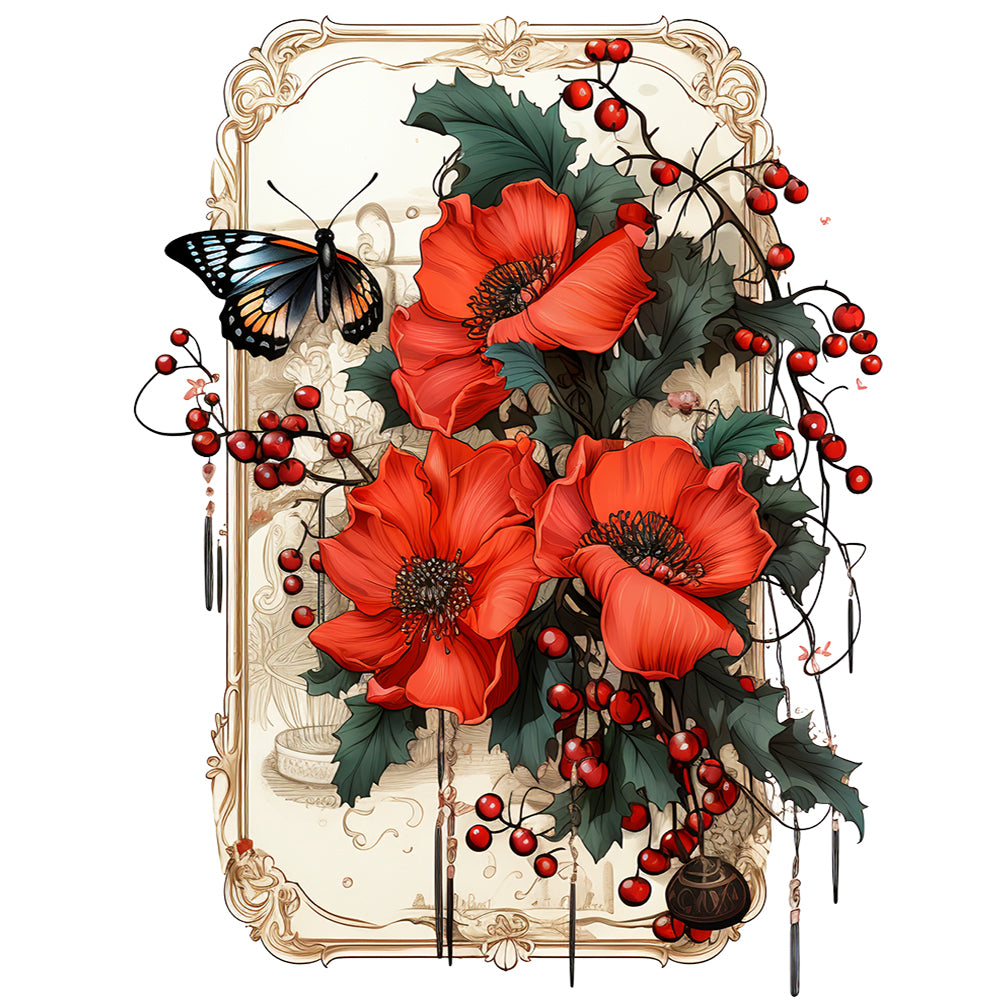 Retro Red Flower Butterfly 30*40CM Full Round Drill Diamond Painting