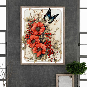 Retro Red Flower Butterfly 30*40CM Full Round Drill Diamond Painting