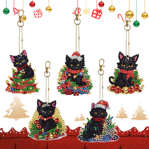 5PCS Double Sided Special Shape Diamond Painting Keychain (Christmas Black Cat)