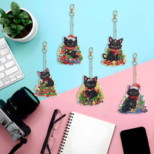 Load image into Gallery viewer, 5PCS Double Sided Special Shape Diamond Painting Keychain (Christmas Black Cat)
