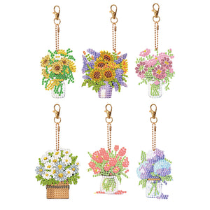 6PCS Double Sided Special Shape Diamond Painting Art Keychain Pendant Flower Pot