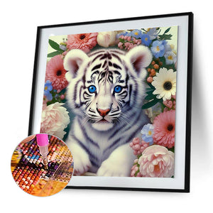 White Tiger And Flower 30*30CM Full Round Drill Diamond Painting