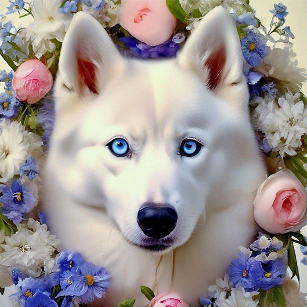 White Wolf And Flower 30*30CM Full Round Drill Diamond Painting