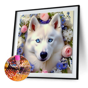 White Wolf And Flower 30*30CM Full Round Drill Diamond Painting