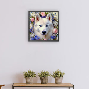 White Wolf And Flower 30*30CM Full Round Drill Diamond Painting