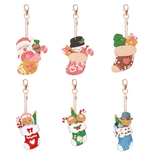 6PCS Double Sided Diamond Painting Keychain (Xmas Stocking Critter #1)