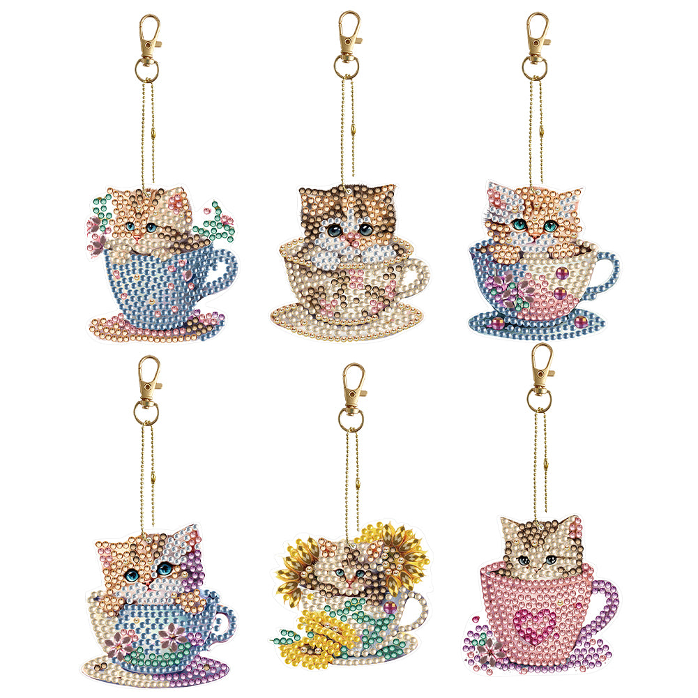 6PCS Double Sided Special Shape Diamond Painting Keychain (Teacup Kitten)