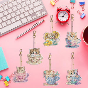 6PCS Double Sided Special Shape Diamond Painting Keychain (Teacup Kitten)