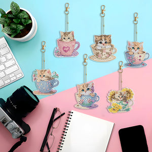 6PCS Double Sided Special Shape Diamond Painting Keychain (Teacup Kitten)