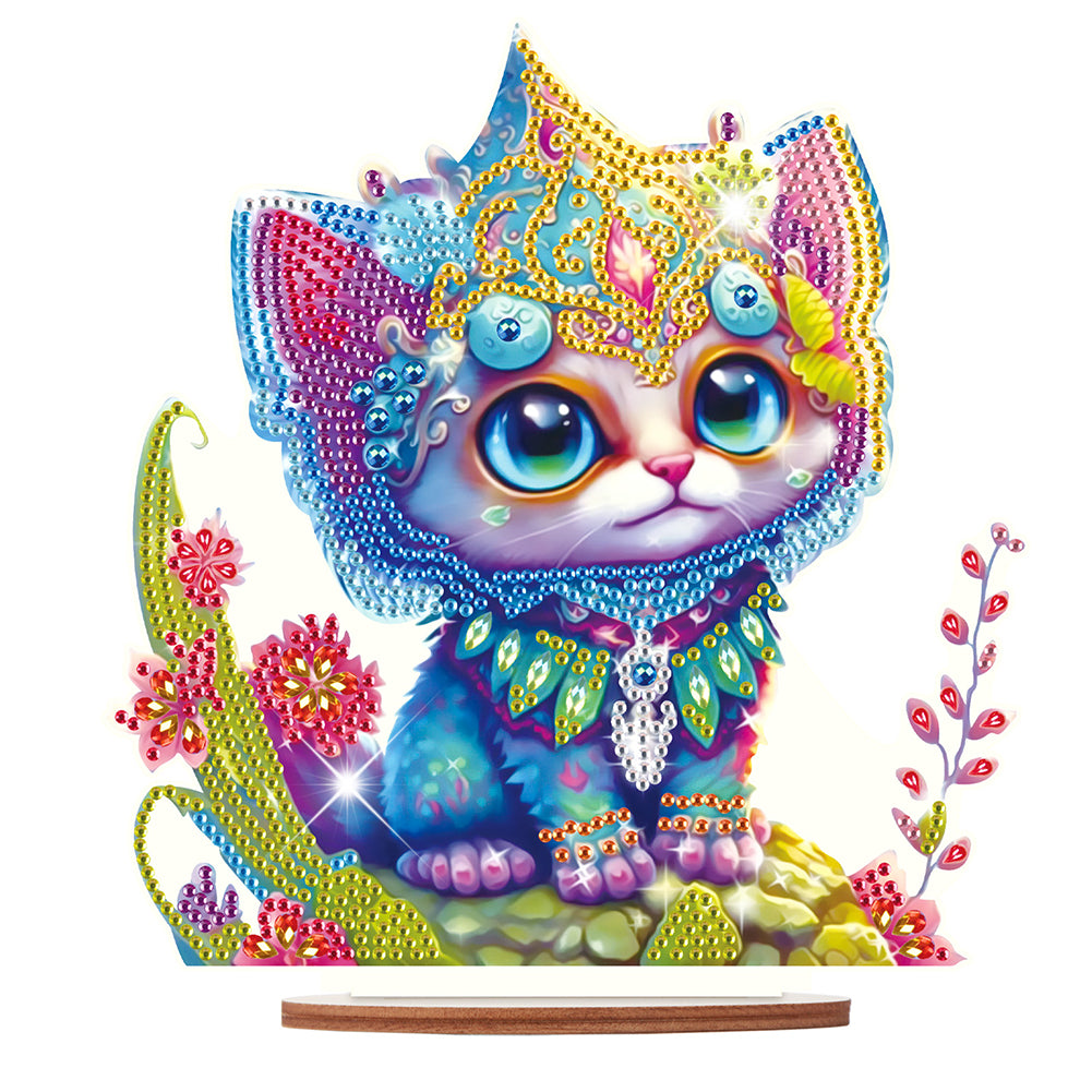 Wooden Round Diamond Painting Desktop Diamond Art Table Decor (Kitten)