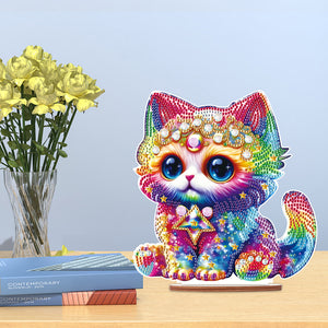 Wooden Round Diamond Painting Desktop Diamond Art Table Decor (Colourful Cat)