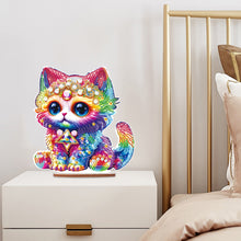 Load image into Gallery viewer, Wooden Round Diamond Painting Desktop Diamond Art Table Decor (Colourful Cat)
