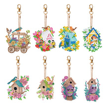 Load image into Gallery viewer, 8PCS Double Sided Diamond Art Keyring Birds Birdhouses Diamond Painting Keychain
