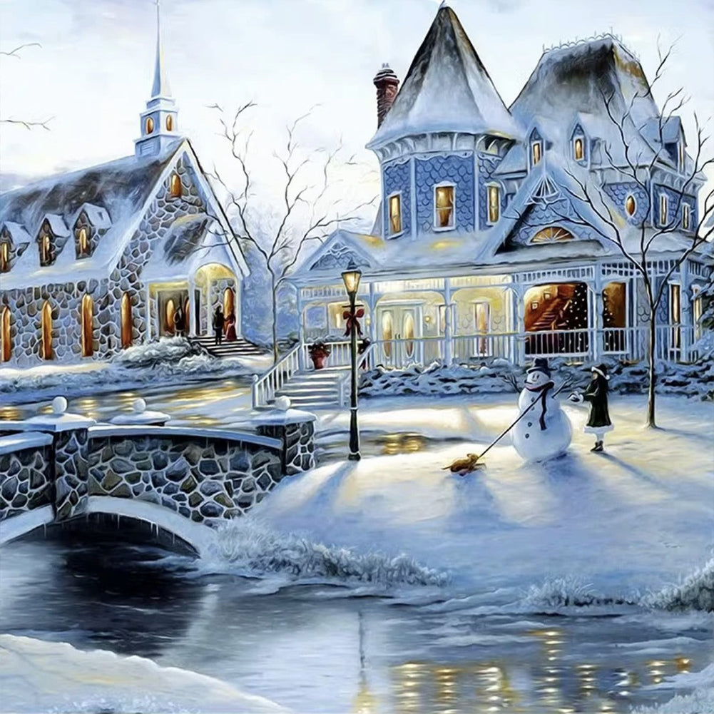 Winter Snowman Castle 40X40CM(Canvas) Full Round Drill Diamond Painting