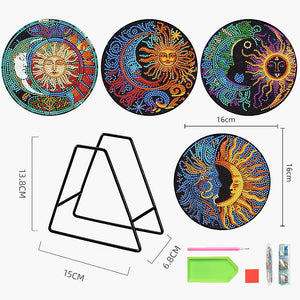 4PCS Wooden Diamond Painted Placemats for Dining Table Decor (Sun and Moon)