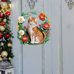 Special Shaped+Round Diamond Painting Wall Decor Wreath (Orange Cat and Flower)