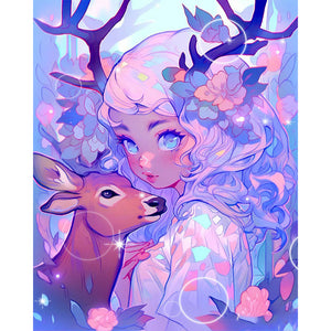 Deer And Girl 40X50CM(Canvas) Full Round Drill Diamond Painting