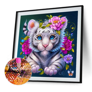 Flower And Little White Tiger 45X45CM(Canvas) Full AB Round Drill Diamond Painting