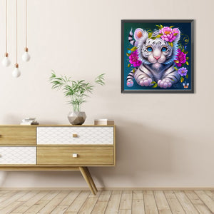 Flower And Little White Tiger 45X45CM(Canvas) Full AB Round Drill Diamond Painting