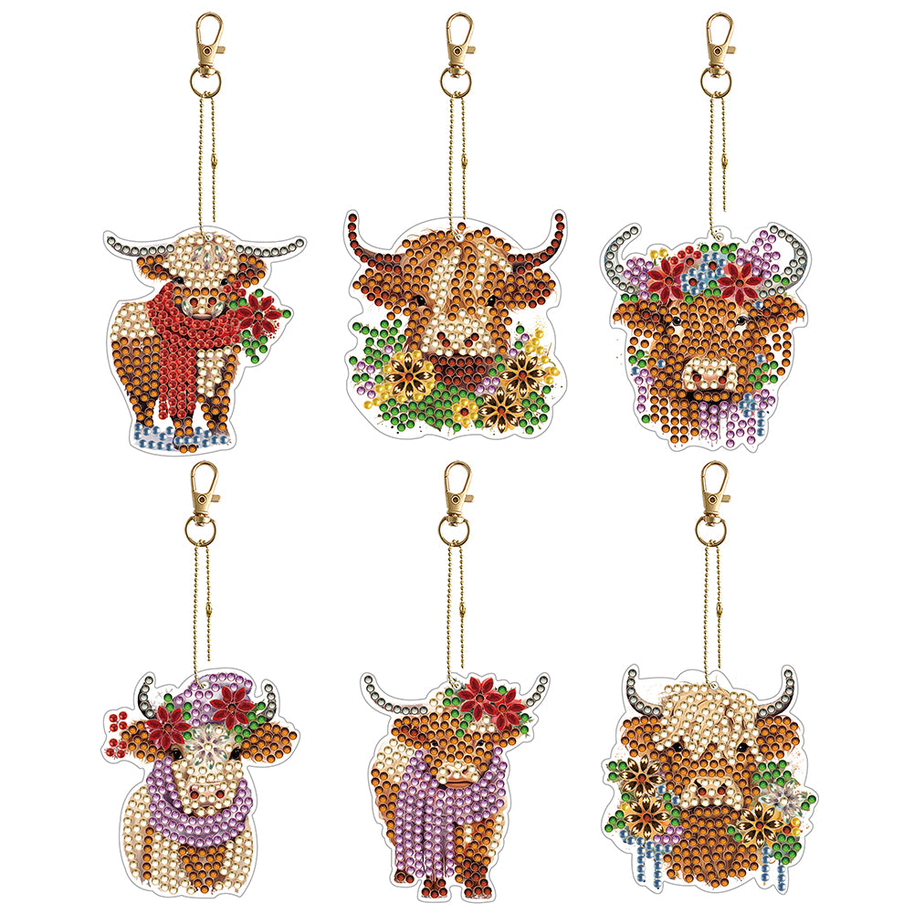6PCS Highland Yak Double Sided Special Shape Diamond Painting Keychain Pendant