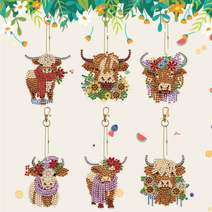 6PCS Highland Yak Double Sided Special Shape Diamond Painting Keychain Pendant