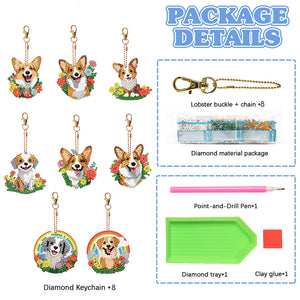 8PCS Double Sided Round Diamond Painting Art Keychain Pendant (Rainbow Dog)