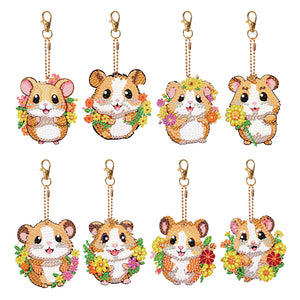 8PCS Double Sided Round Diamond Painting Art Keychain Pendant for Adult(Hamster)