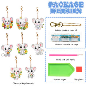 8PCS Double Sided Round Diamond Painting Art Keychain Pendant (White Mouse)